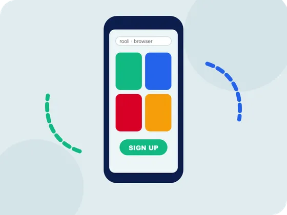 Rooli in a mobile browser: a phone with game tiles and a sign-up button Rooli in a mobile browser: a phone with game tiles and a sign-up button