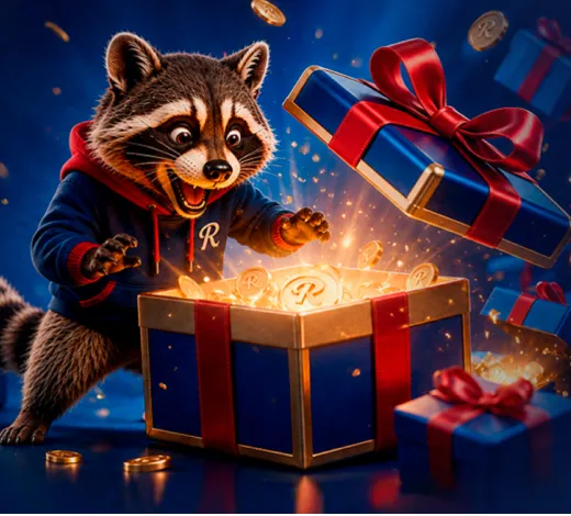 Rooli Lucky Box promotion art: a raccoon opening a glowing gift box Rooli Lucky Box promotion art: a raccoon opening a glowing gift box